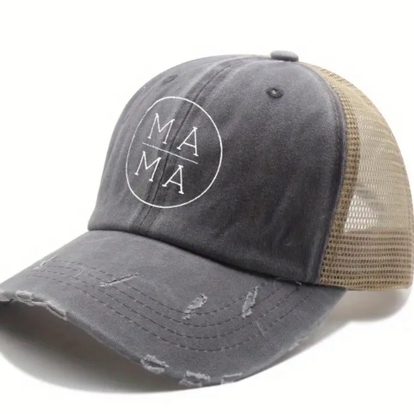 MAMA Trucker Hat High Ponytail  Baseball Hat Gray Khaki Distressed - Picture 4 of 4